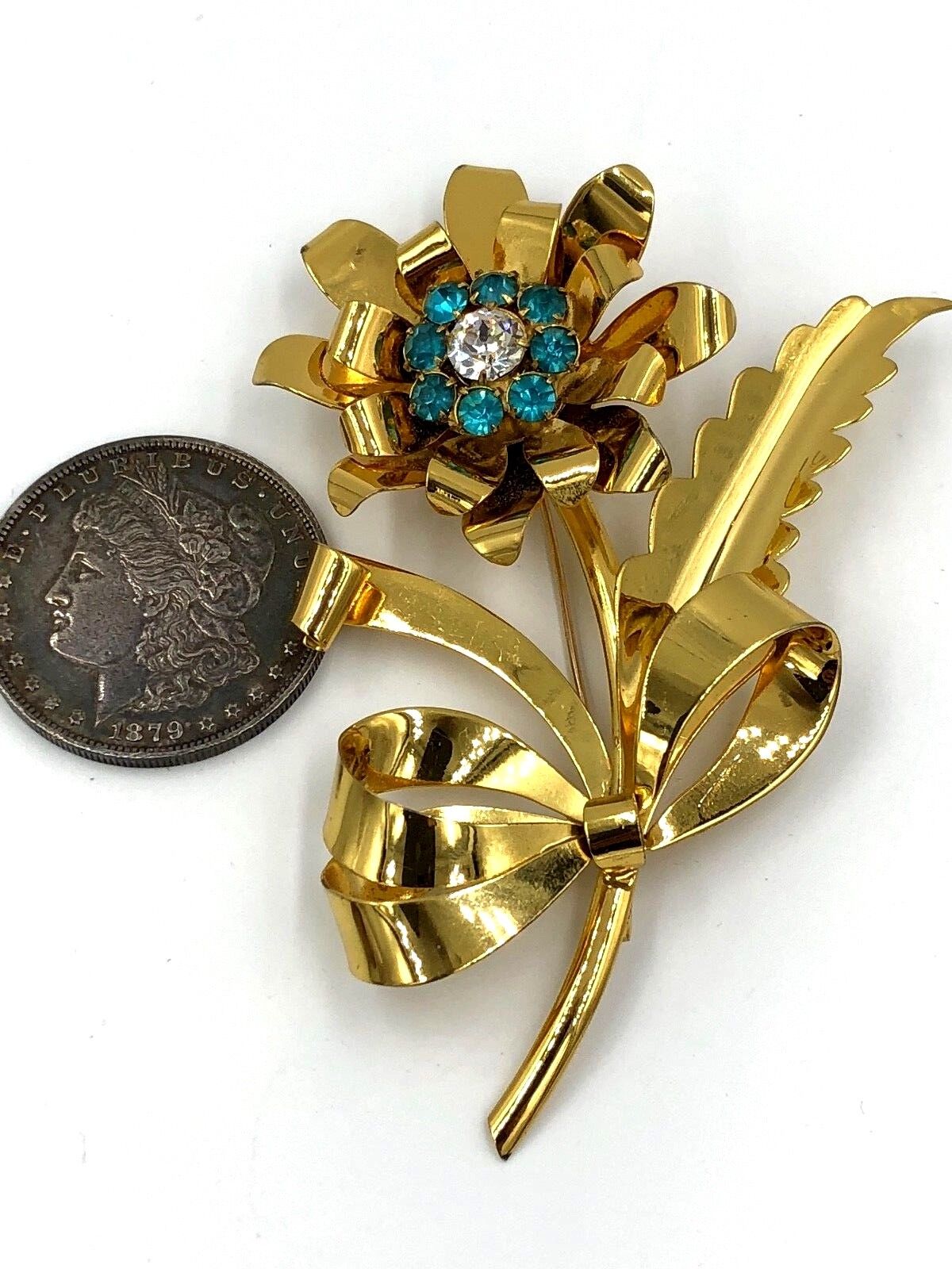Vintage Mid-Century Sterling Silver Gold Vermeil Rhinestone Flower Brooch pin