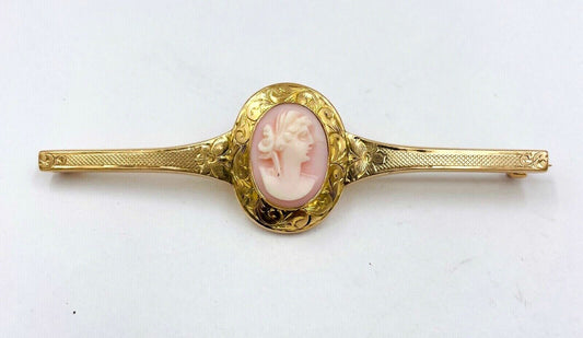 Victorian 10k Yellow Gold hand etched Cameo Pin Brooch medallion