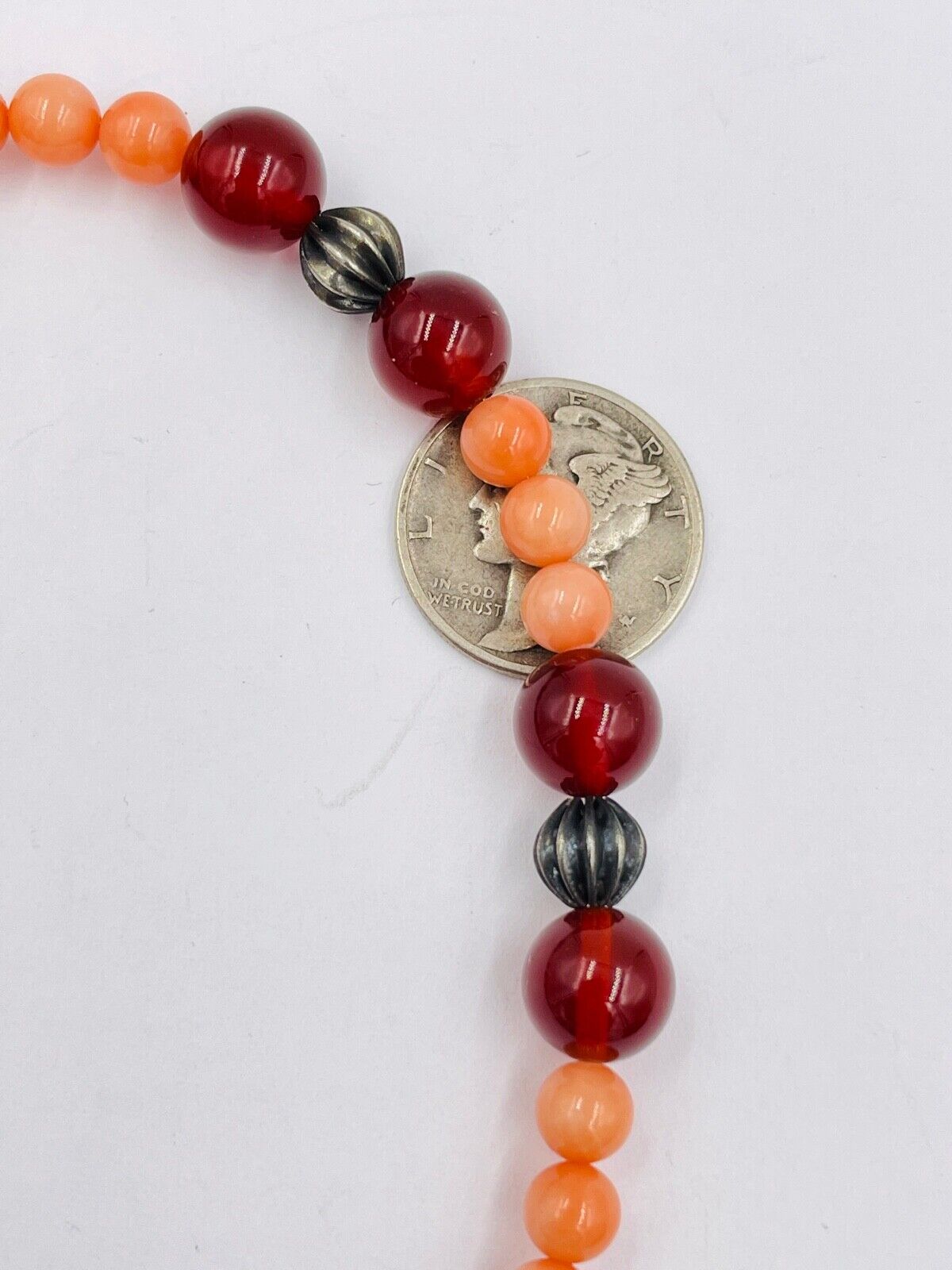 Vintage Salmon Coral and Carnelian Bead Necklace Ribbed Sterling spacers 29"