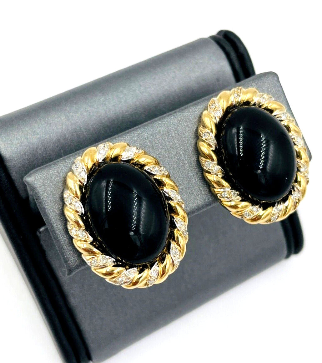 Estate 14k Gold Diamond Onyx Oval stud Earrings