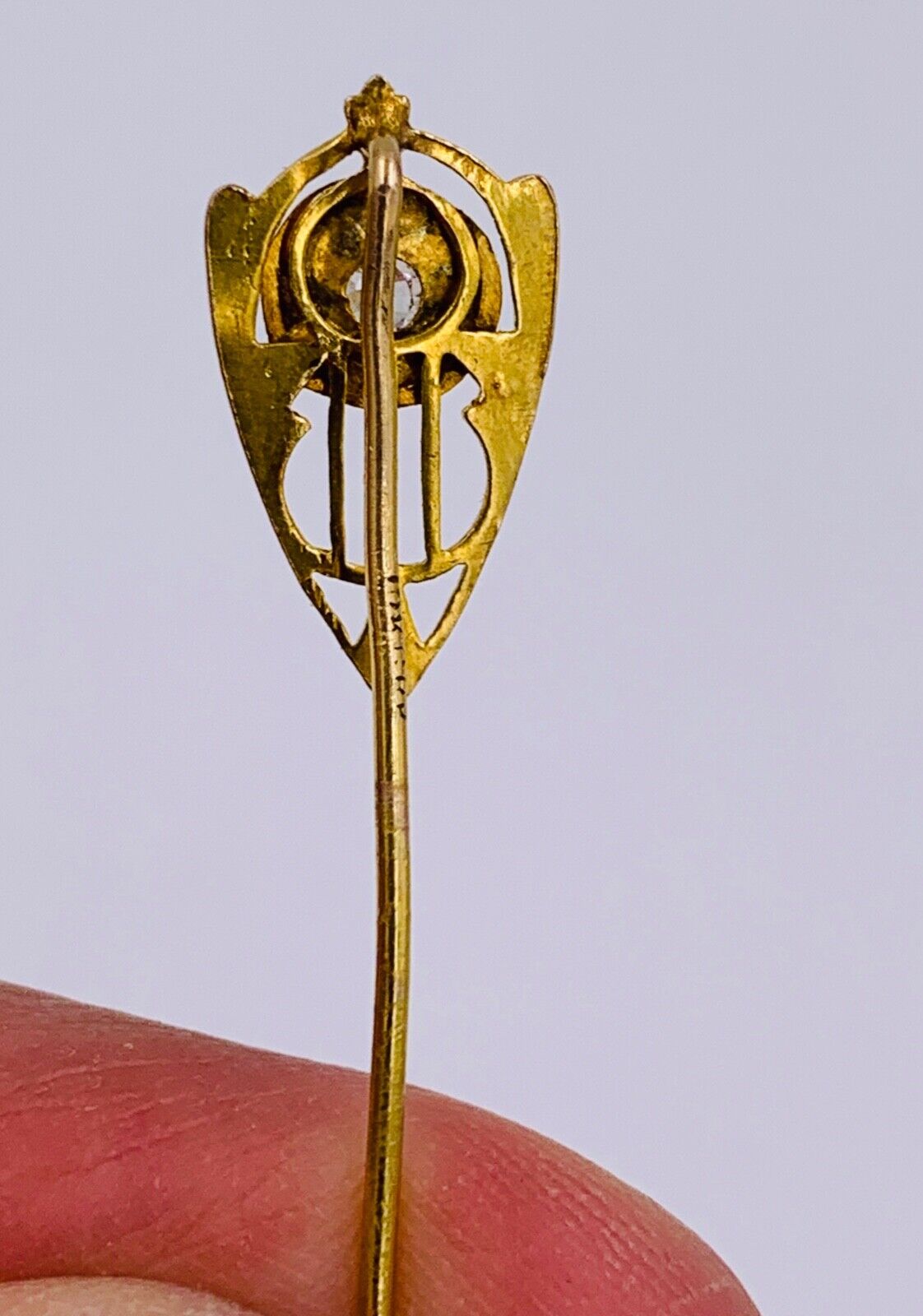 Art Nouveau 10K Rose Gold .08ct rose cut Diamond Lapel Pin stick hat pin