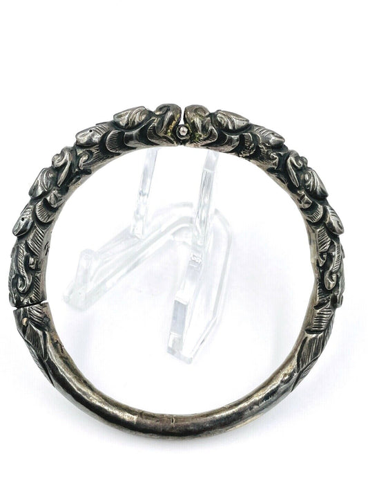 Antique Chinese Sterling Silver Double Dragon hinged Bangle Bracelet