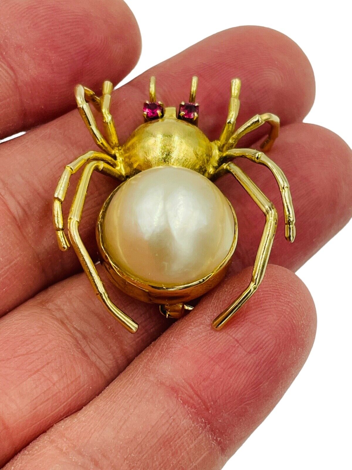 14K Yellow Gold Mabe Pearl & Ruby Spider Pin Brooch Vintage F Signed 9.8g