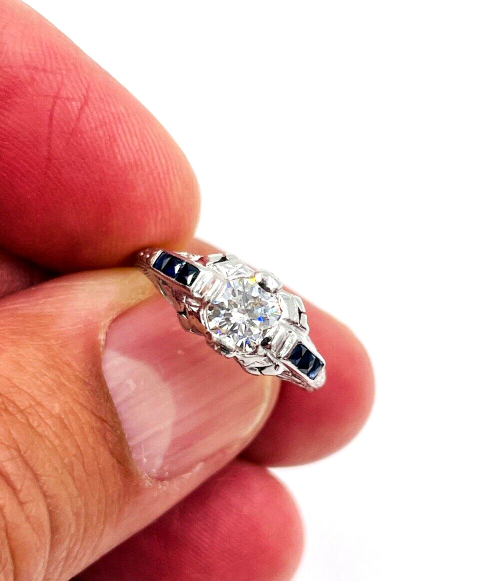 Estate Platinum  diamond Synthetic Sapphire Ring VS H Engagement ring