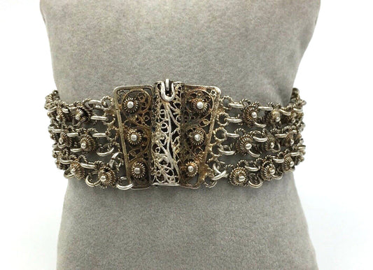 Antique Filigree Sterling Silver etruscan style Bracelet multi link