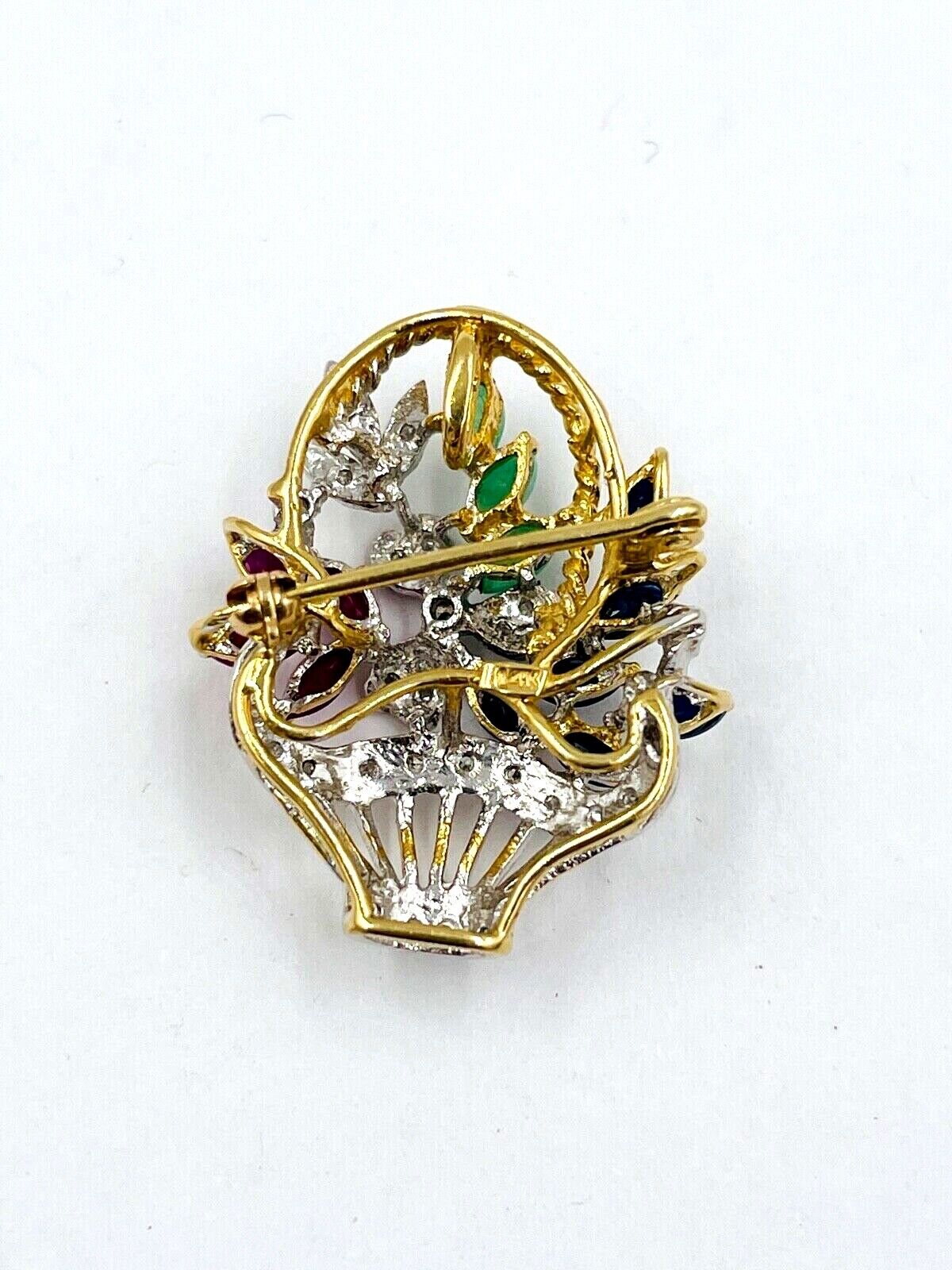 14K Yellow Gold Basket with Emerald, Sapphire and Diamond Brooch Pendant combo