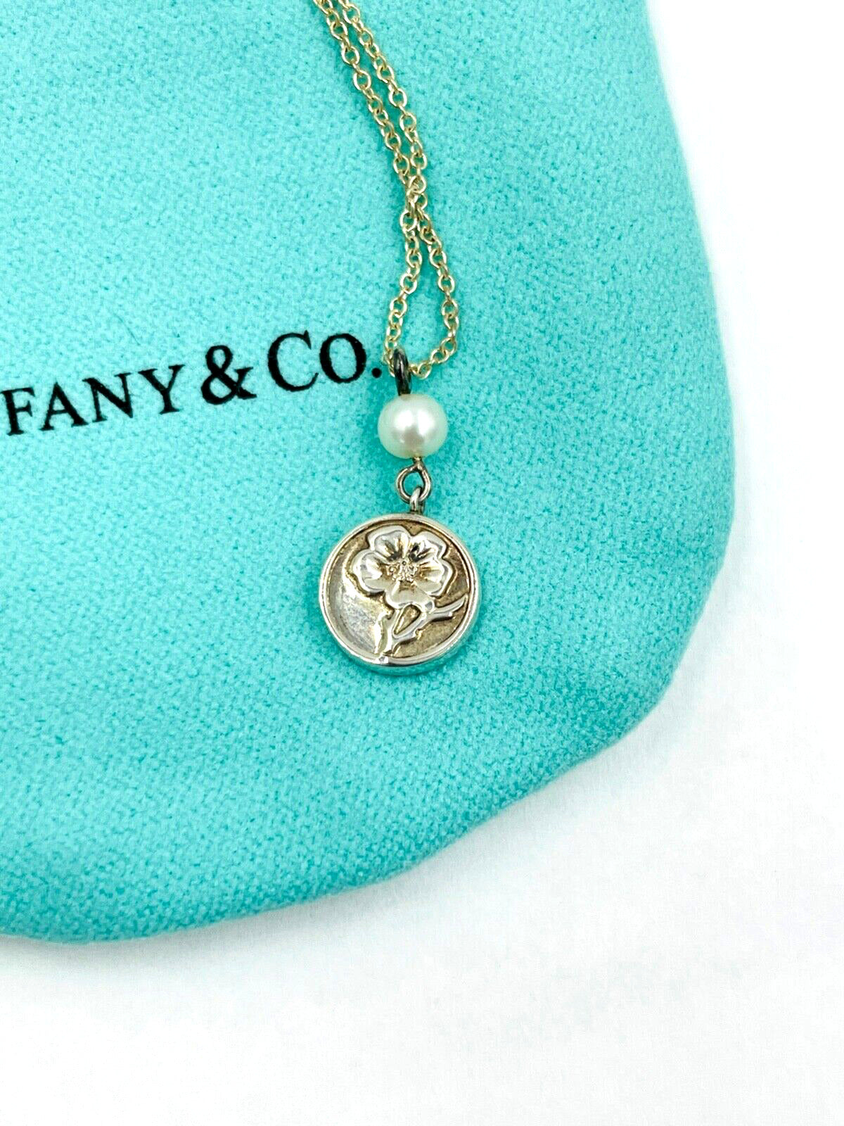Tiffany & Co Silver Nature Rose Flower Pearl Pendant Necklace 16"