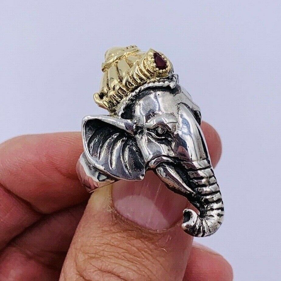 Custom made Ganesh 14k Yellow Gold and Sterling Silver Ruby Mens Ring