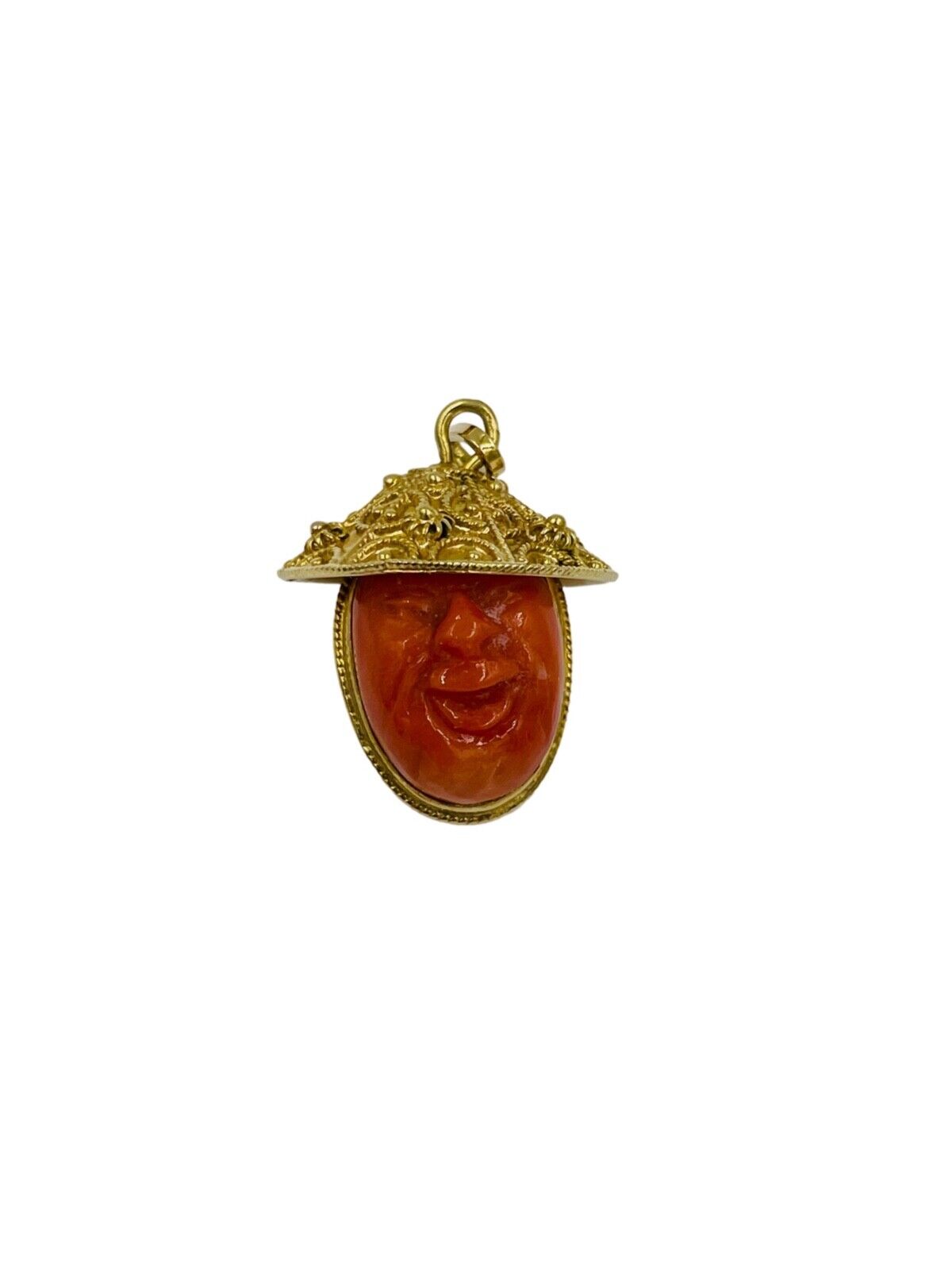 Unique 18K Yellow Gold Carved Asian Double sided Face Red Coral Pendant Charm