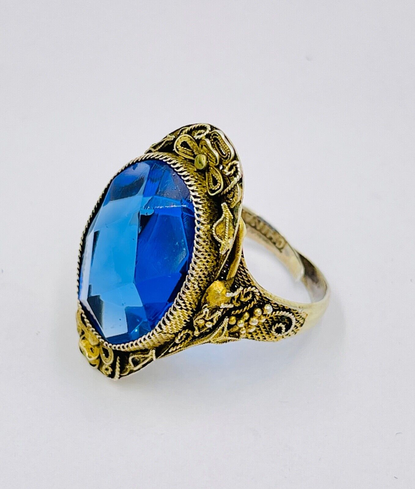 Antique Chinese Sterling Silver Filigree blue stone Ring Size 9 Adjustable