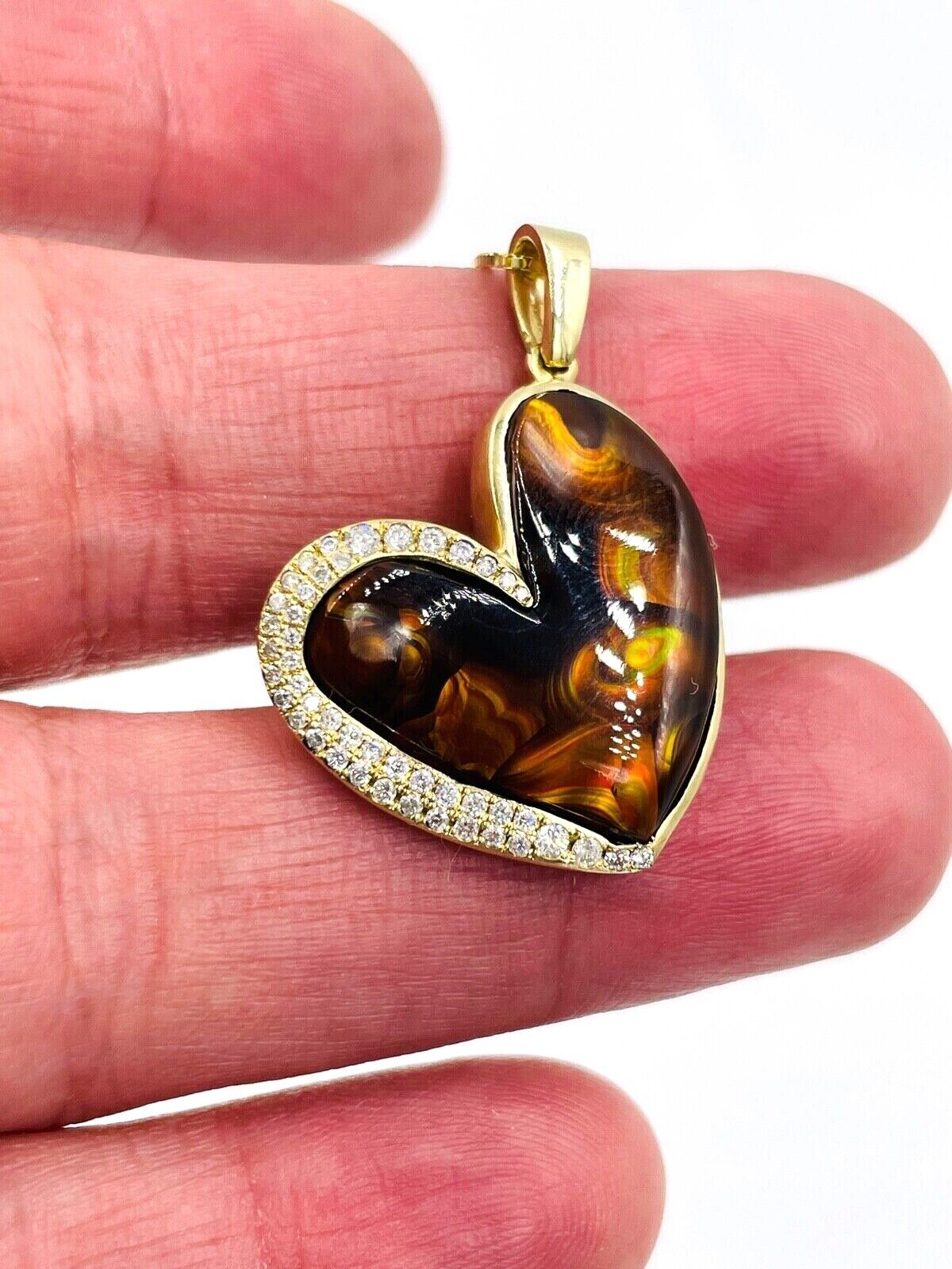 14k Pave Diamond Fire Agate Heart Pendant Necklace 18"