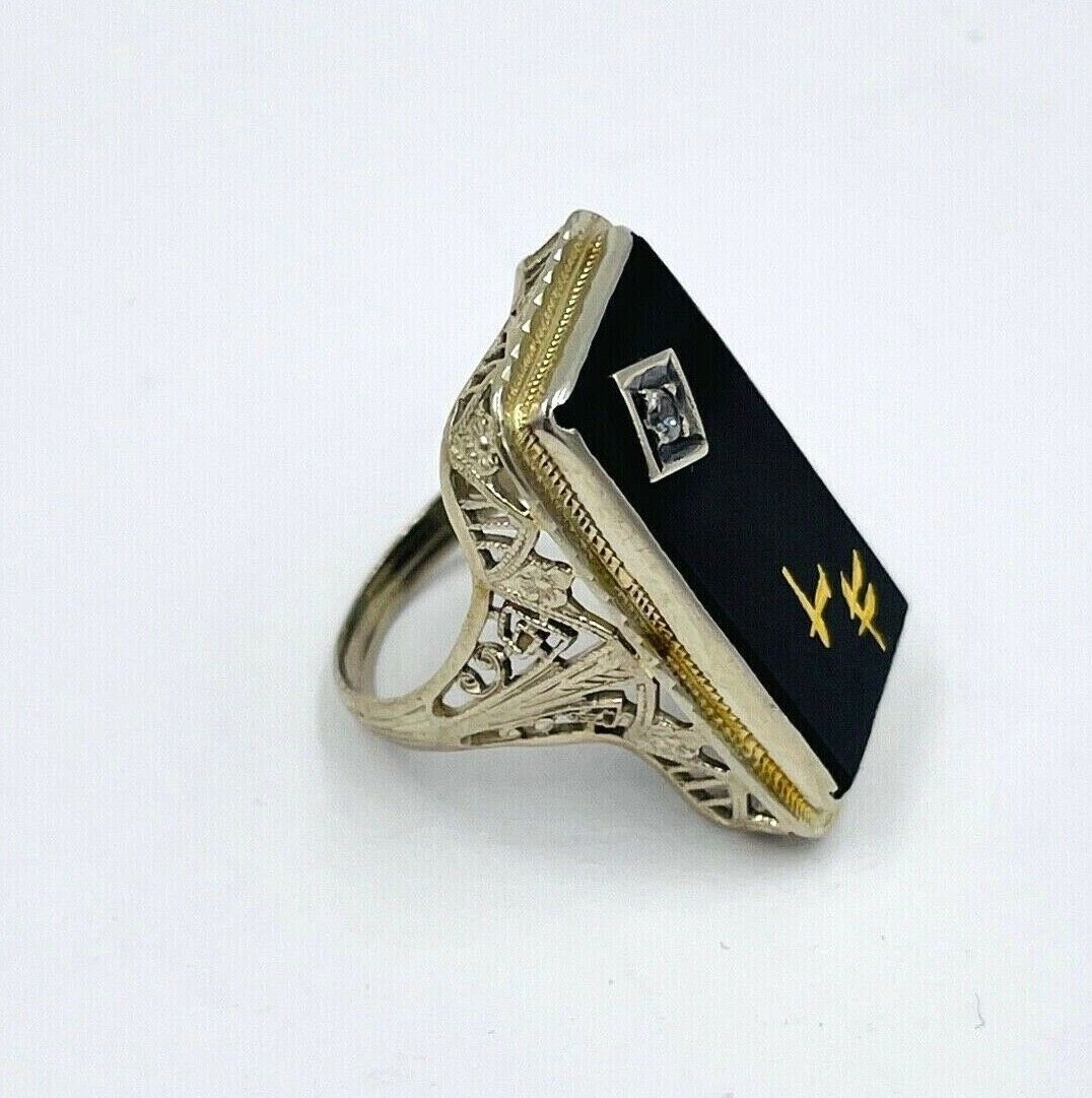 Art Deco 14K White Gold Filigree Diamond Onyx Ring size 3