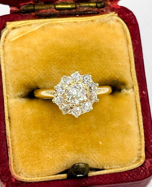 Victorian 14K Gold Diamond Cluster Flower Ring Old European Cut VS