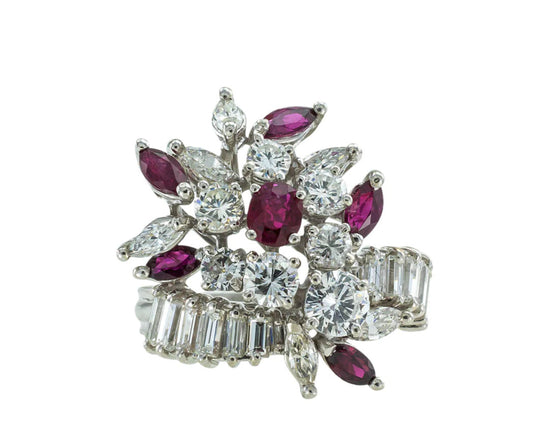 Estate Diamond Ruby Platinum Cocktail Ring Mid Century