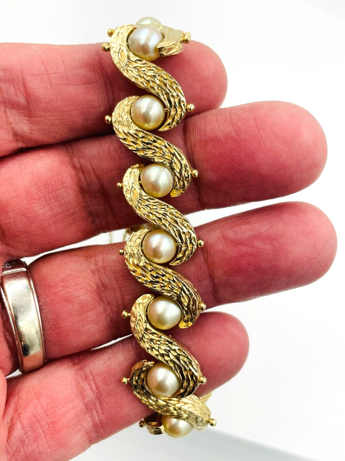 Vintage 14K Yellow Gold Pearl Link Bracelet 7" long 32.6 grams
