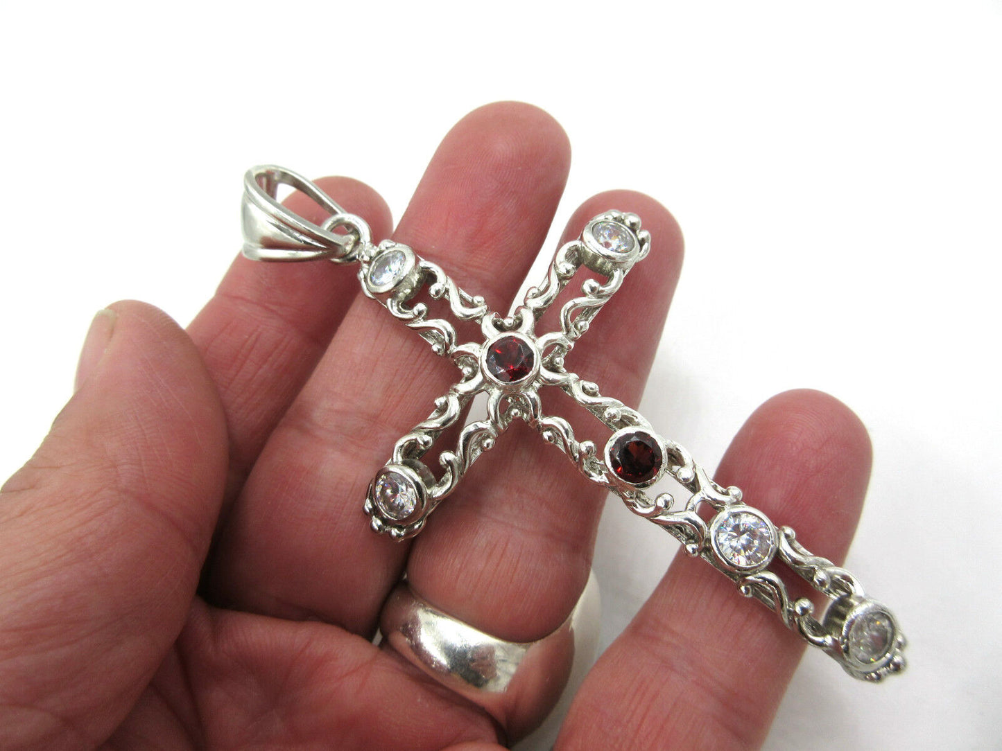 Signed JHSY 925 Sterling Silver Garnet & Clear Crystal Cross Pendant Large