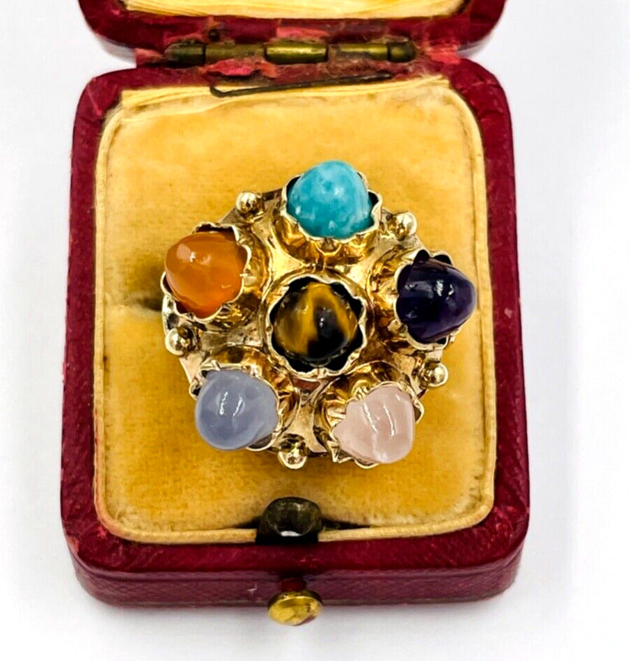 Vintage 9ct Rose gold Multi Gemstone  Cabochon Retro ring 9k