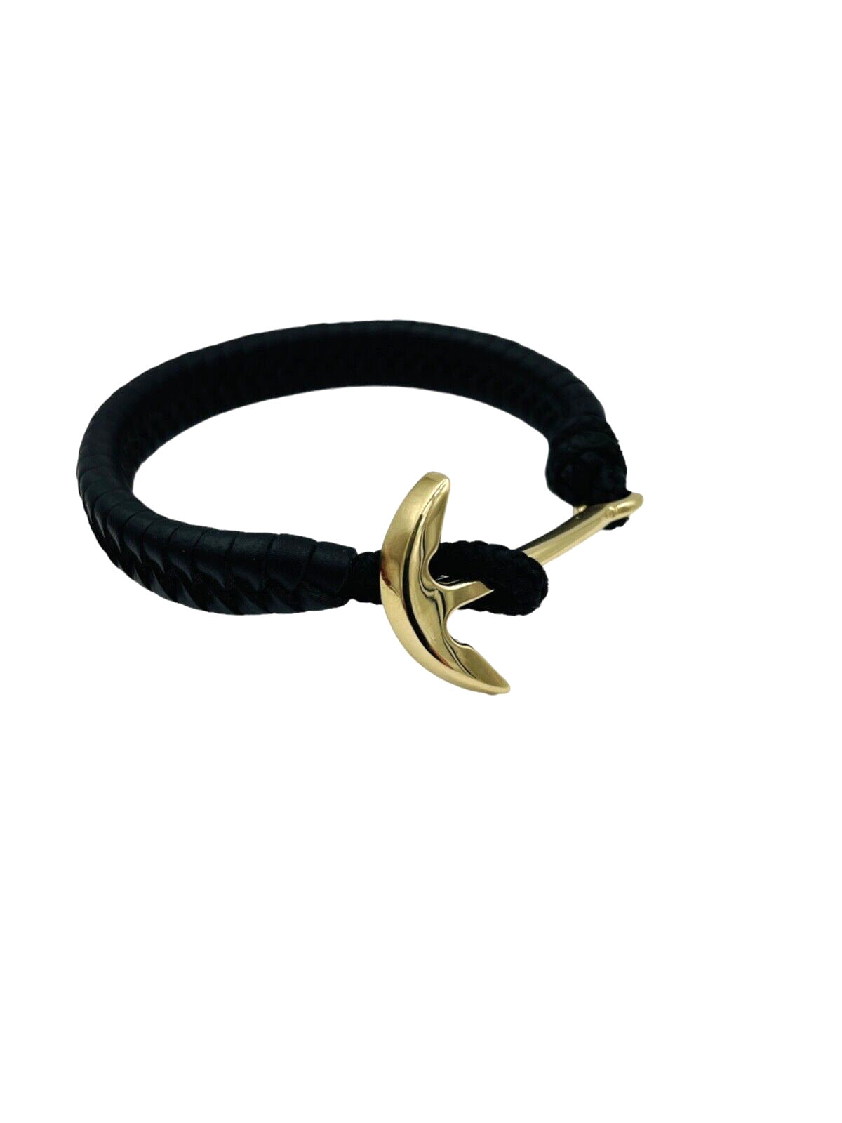 14k Yellow Gold Anchor Bracelet On A Leather Strap 8"