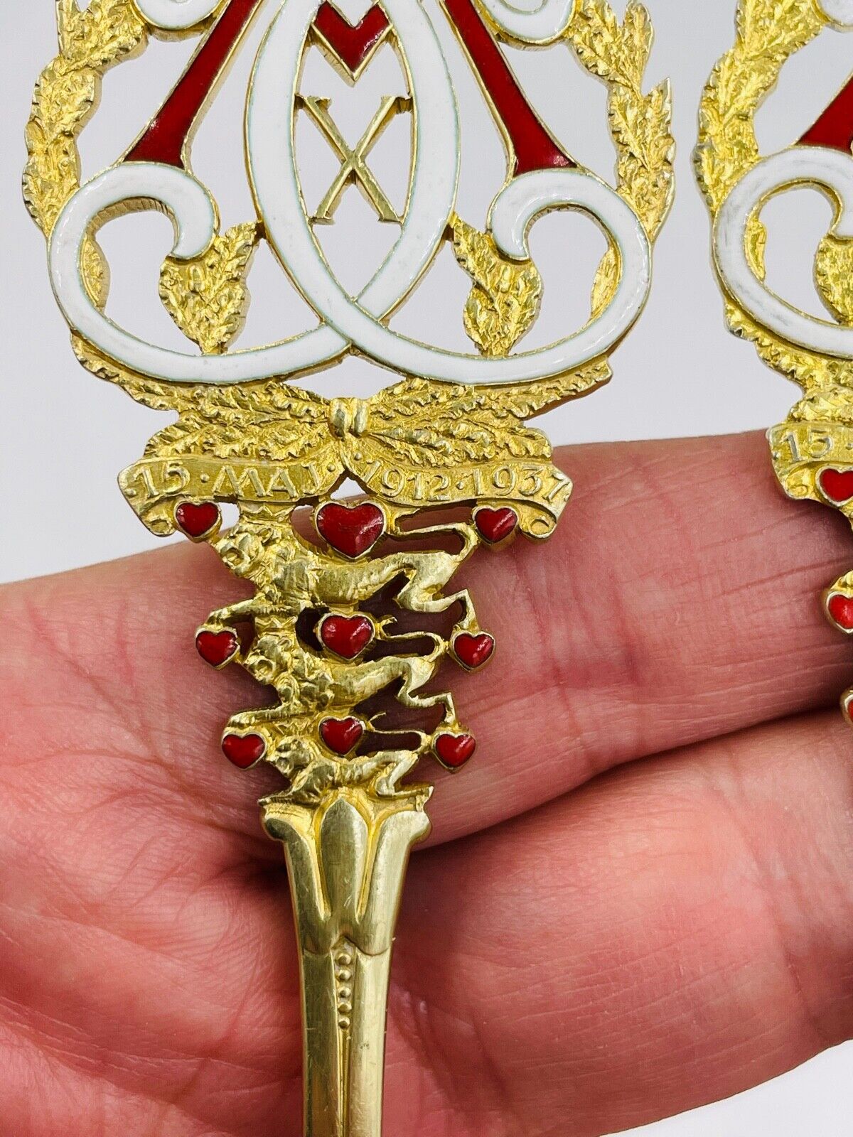A. Michelsen Remembrance spoon and fork set gilded red enamel crown Very Rare