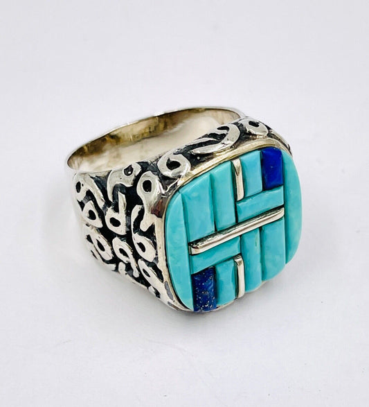 Native American Myra Nastacio Zuni Tribe Sterling Silver Turquois Inlay Ring 69