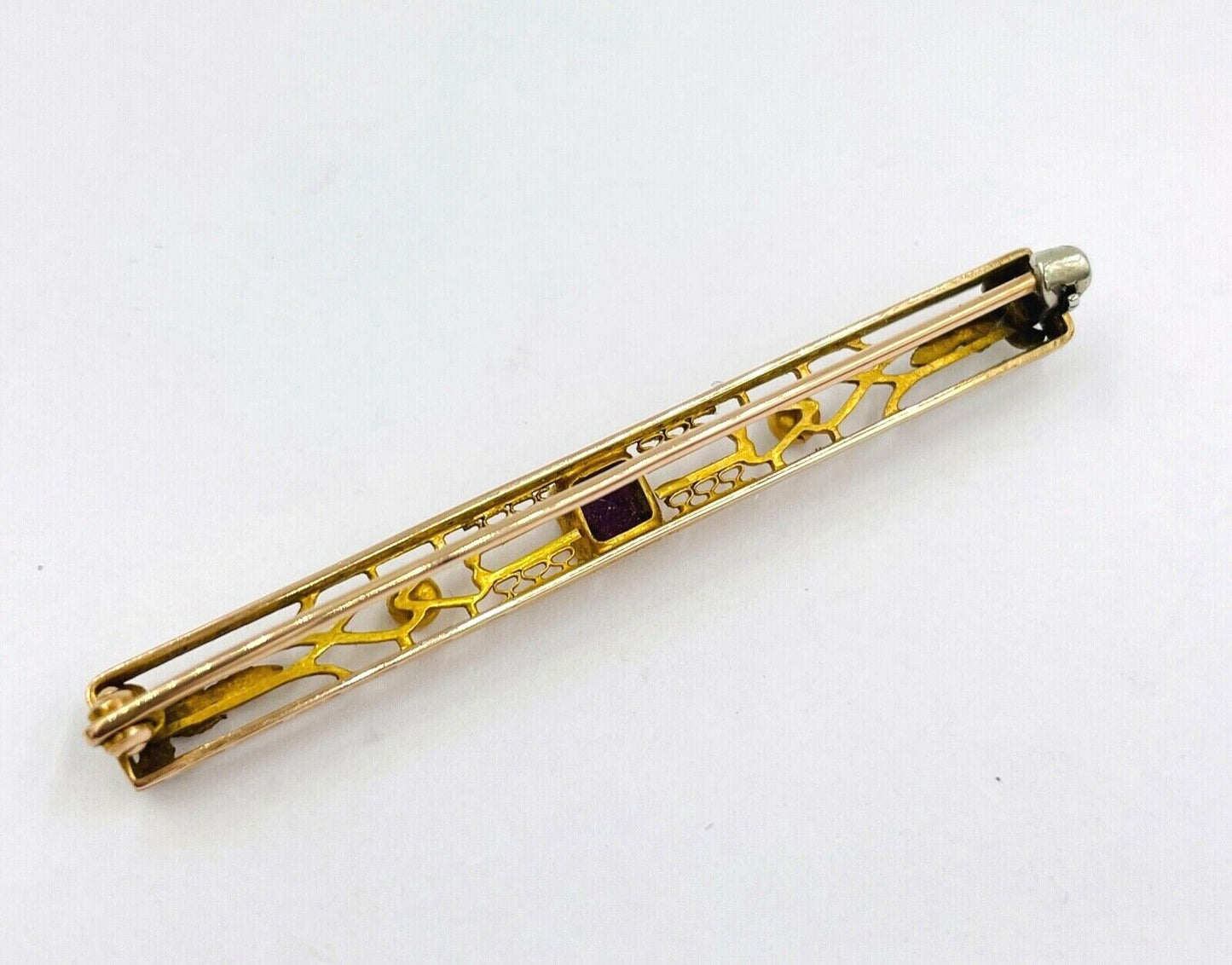 Art Nouveau 14k Yellow Gold Amethyst and pearl Brooch Pin Bar