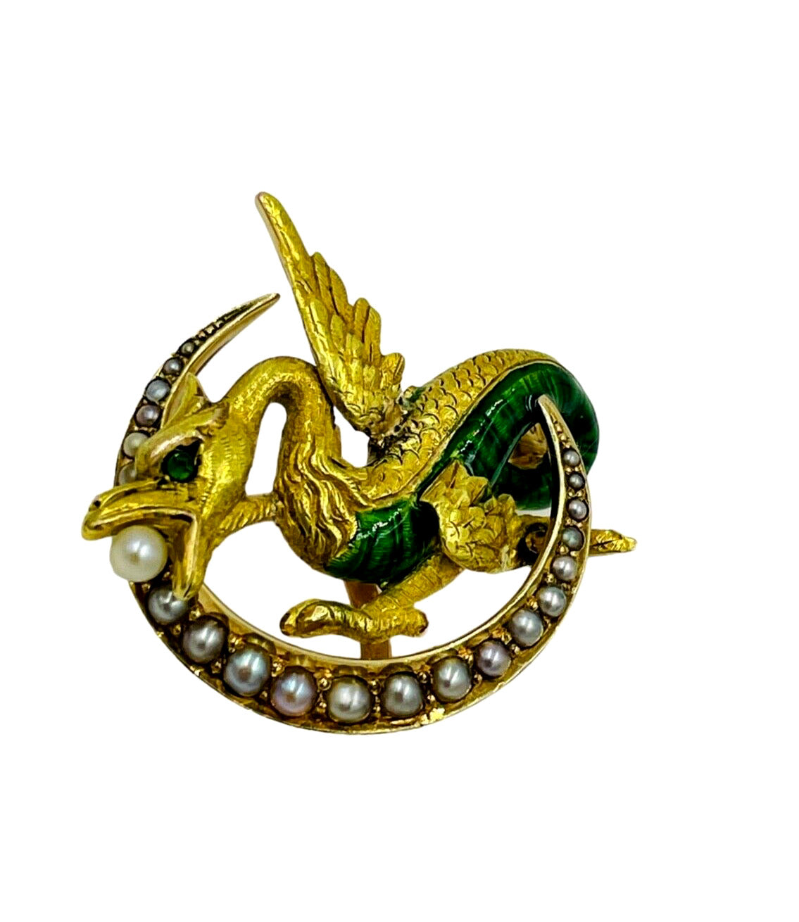Antique Art Nouveau 14k Winged Dragon/Griffin Pin, Pearls, Green Eye
