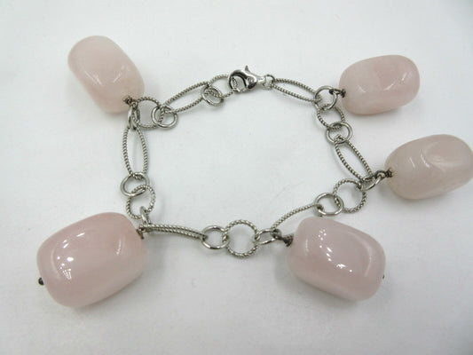 DBJ Designer Signed Rose Quartz Block Sterling Silver Twisted Rope Bracelet NOS