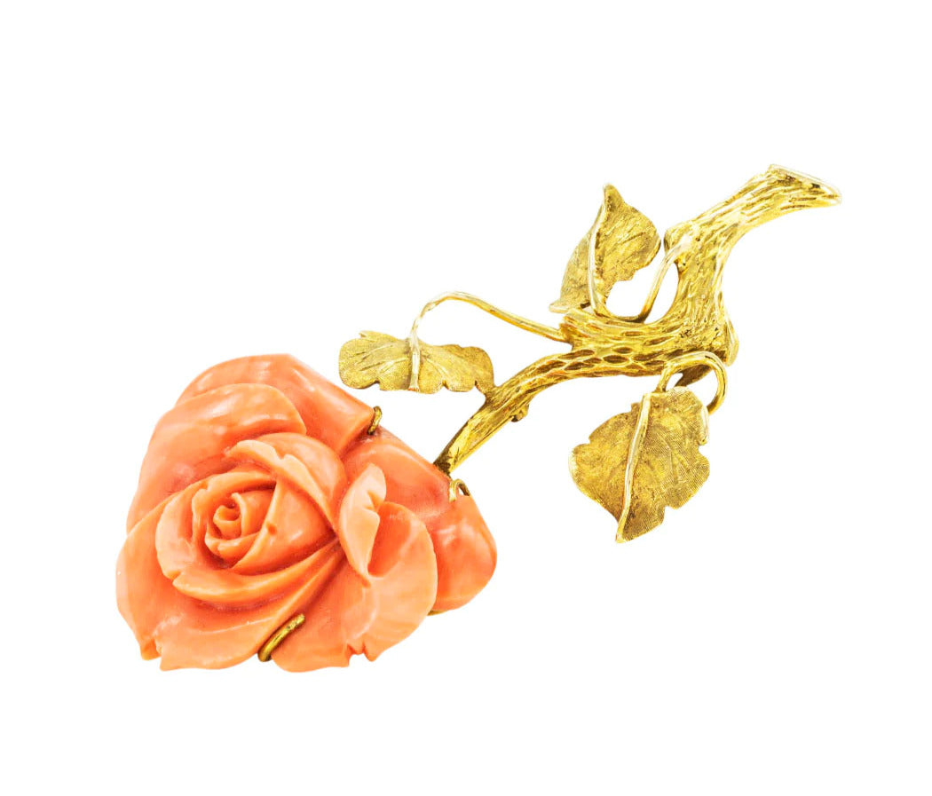 Vintage 14k yellow gold Carved Coral Rose Brooch