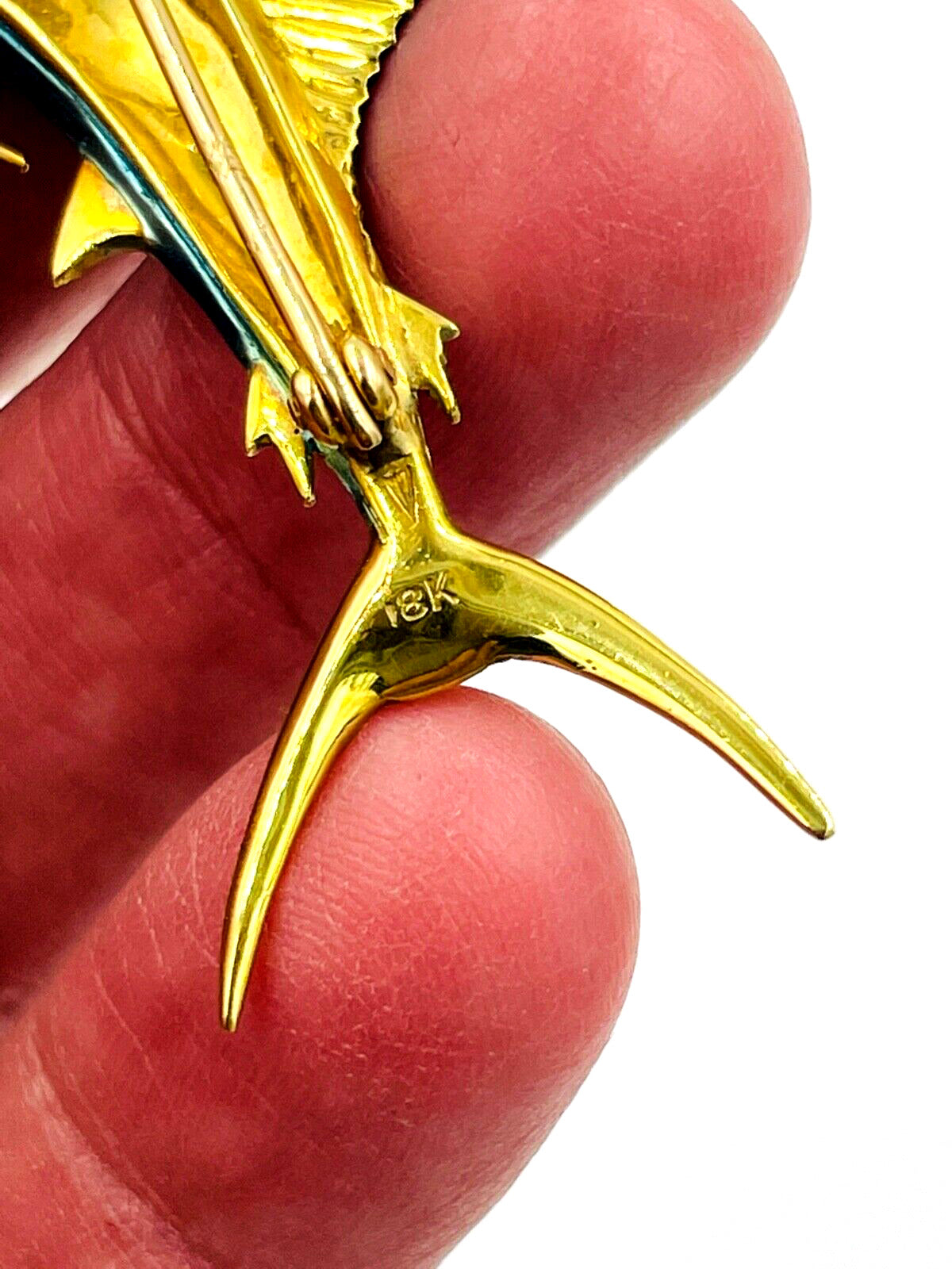 Estate  Enamel Marlyn Fish Brooch Pin in 18k Yellow Gold Diamond Eye