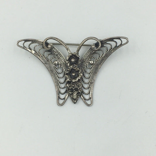 Vintage Beau Butterfly Flower Filigree Sterling Silver Brooch Pin