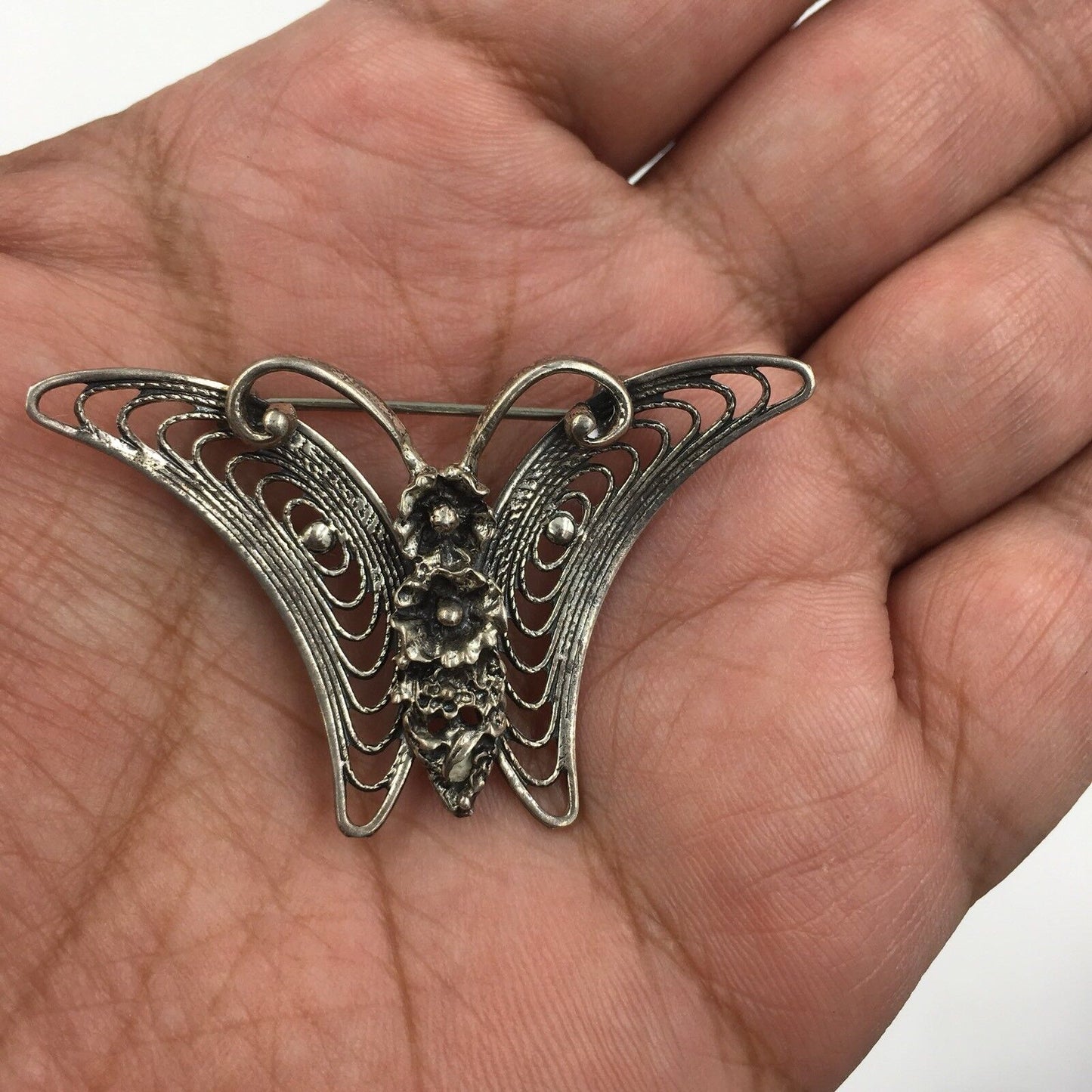 Vintage Beau Butterfly Flower Filigree Sterling Silver Brooch Pin