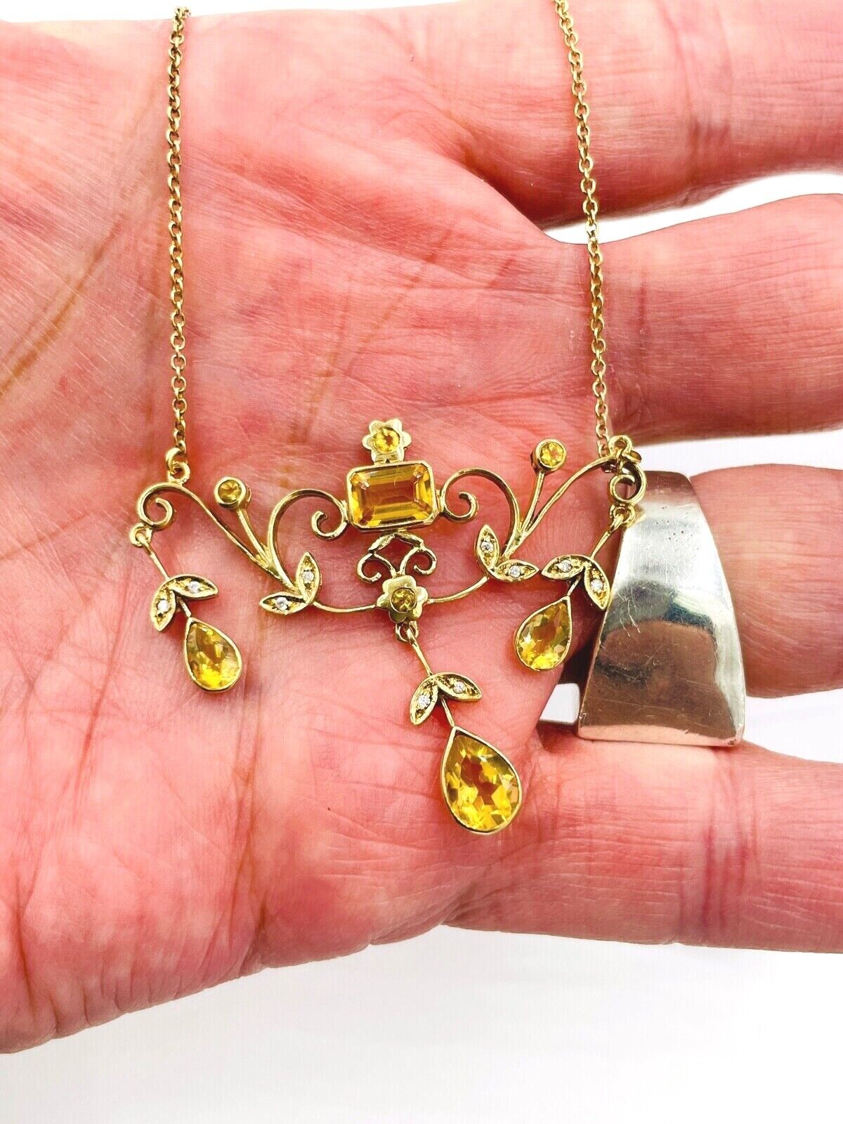 Estate 9K Yellow Gold Lavalier Citrine Diamond Necklace dangle pendant