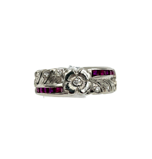 Estate 14K White Gold Diamond Ruby Eternity Band Ring 5.5sz