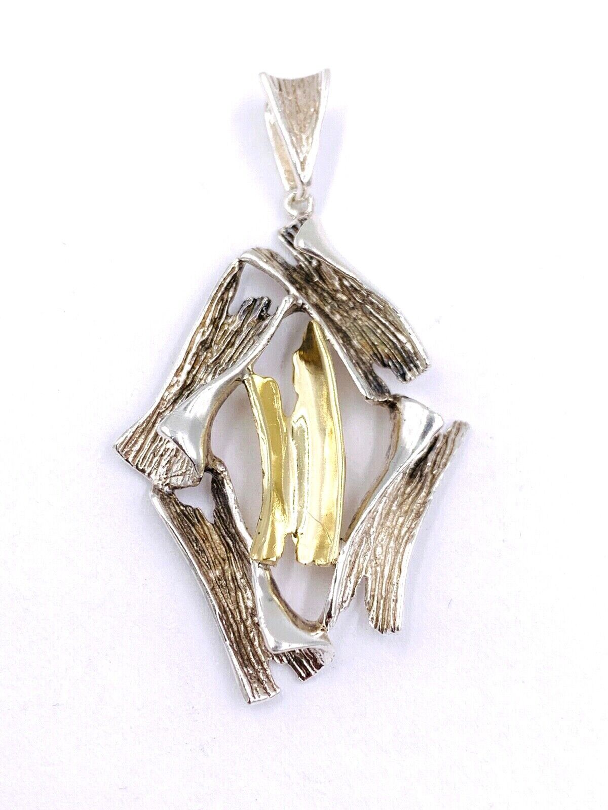 Abstract 14K Yellow Gold Sterling Silver bark finish Pendant Hand made
