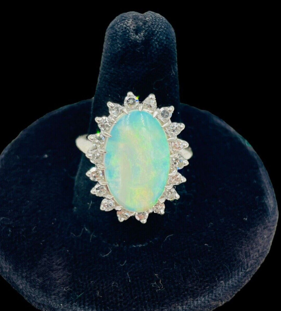 Estate Opal and Diamond 14k white gold Cocktail Ring