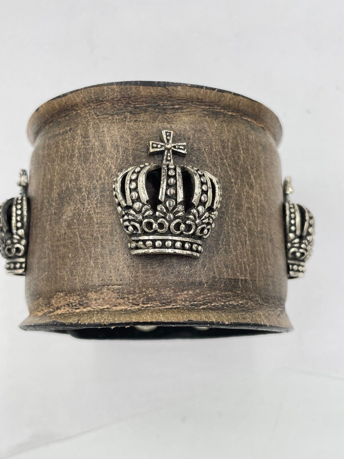 Royalty Collection Sterling Silver Crown Brown Leather Bracelet Strap