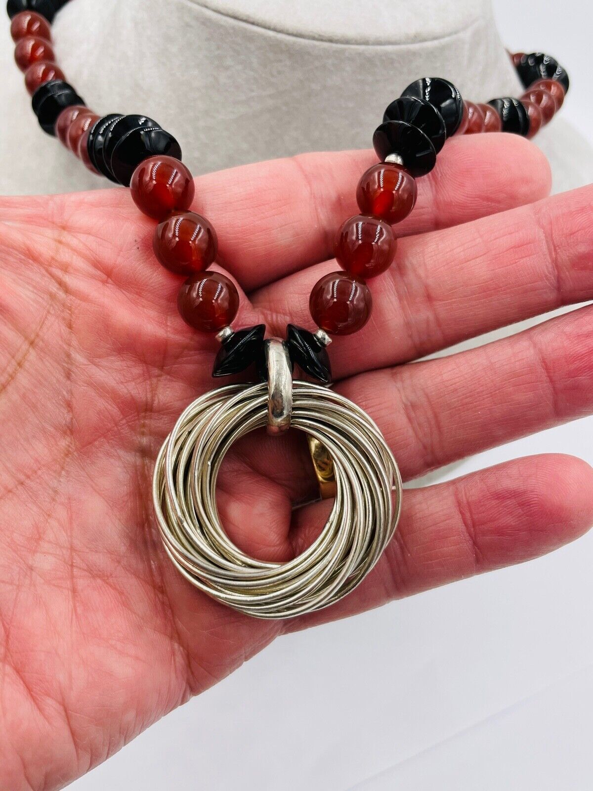 Vintage Onyx And Carnelian bead deco style Necklace sterling multi rings 20"