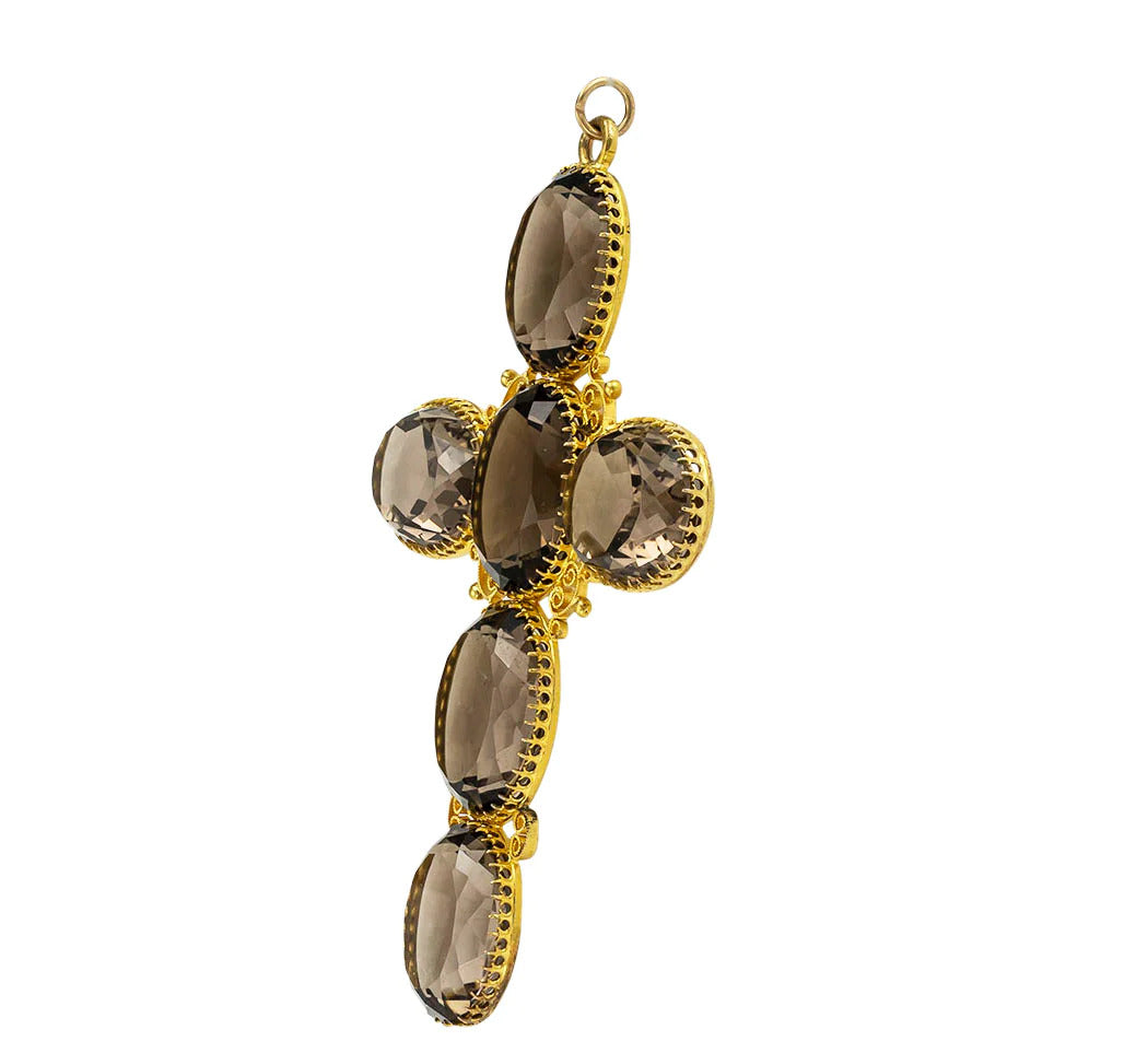 Victorian Smoky Quartz Gold Cross Pendant Large