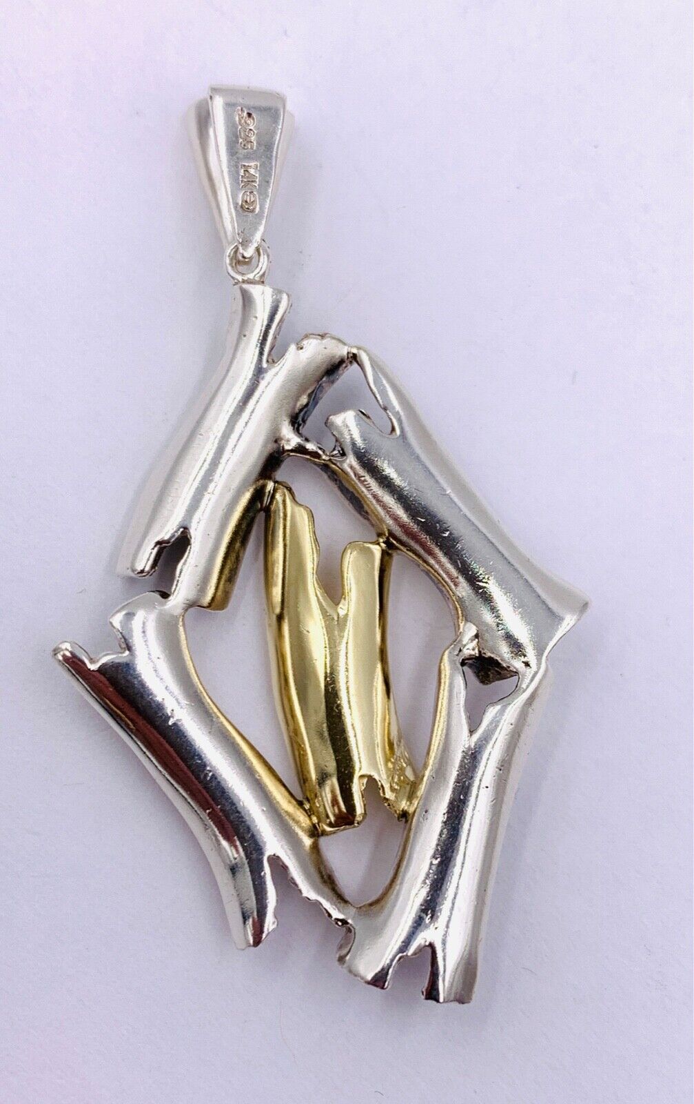 Abstract 14K Yellow Gold Sterling Silver bark finish Pendant Hand made