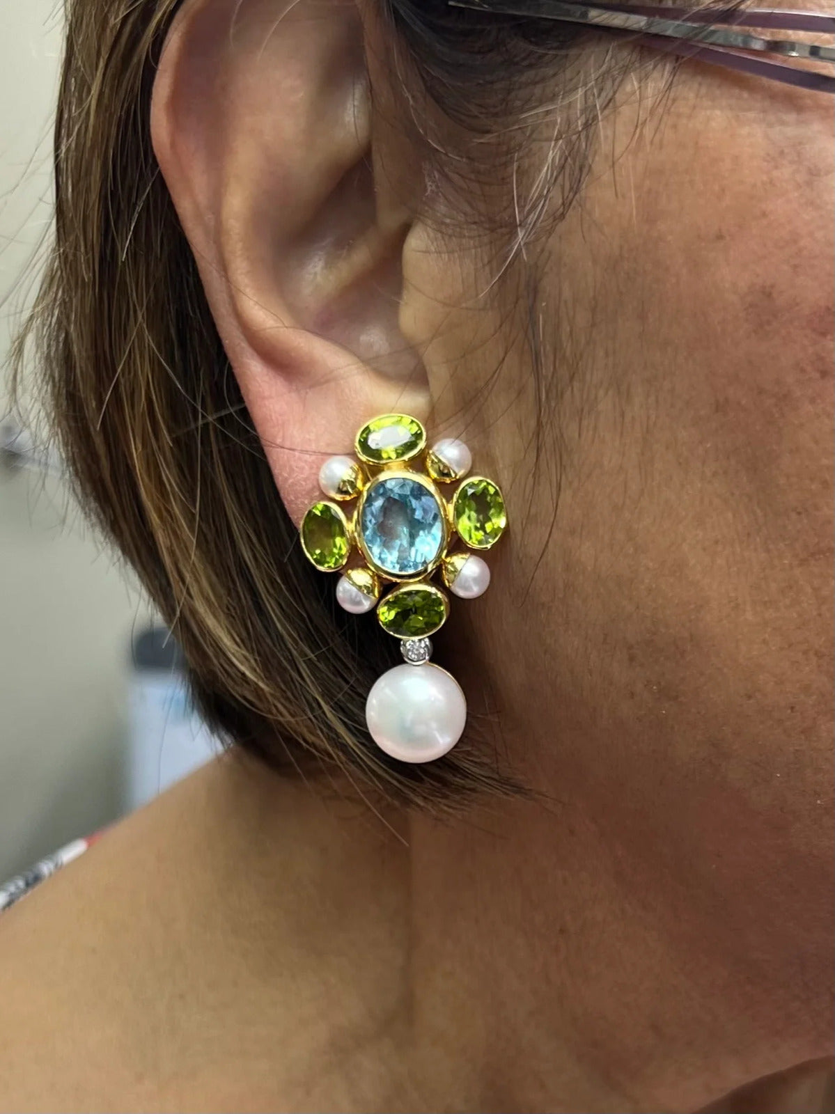 Maz Blue Topaz Peridot Cultured Pearl Diamond Drop Earrings