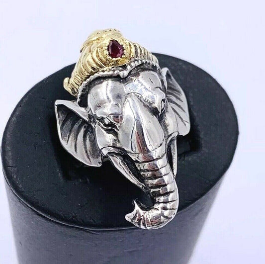 Custom made Ganesh 14k Yellow Gold and Sterling Silver Ruby Mens Ring