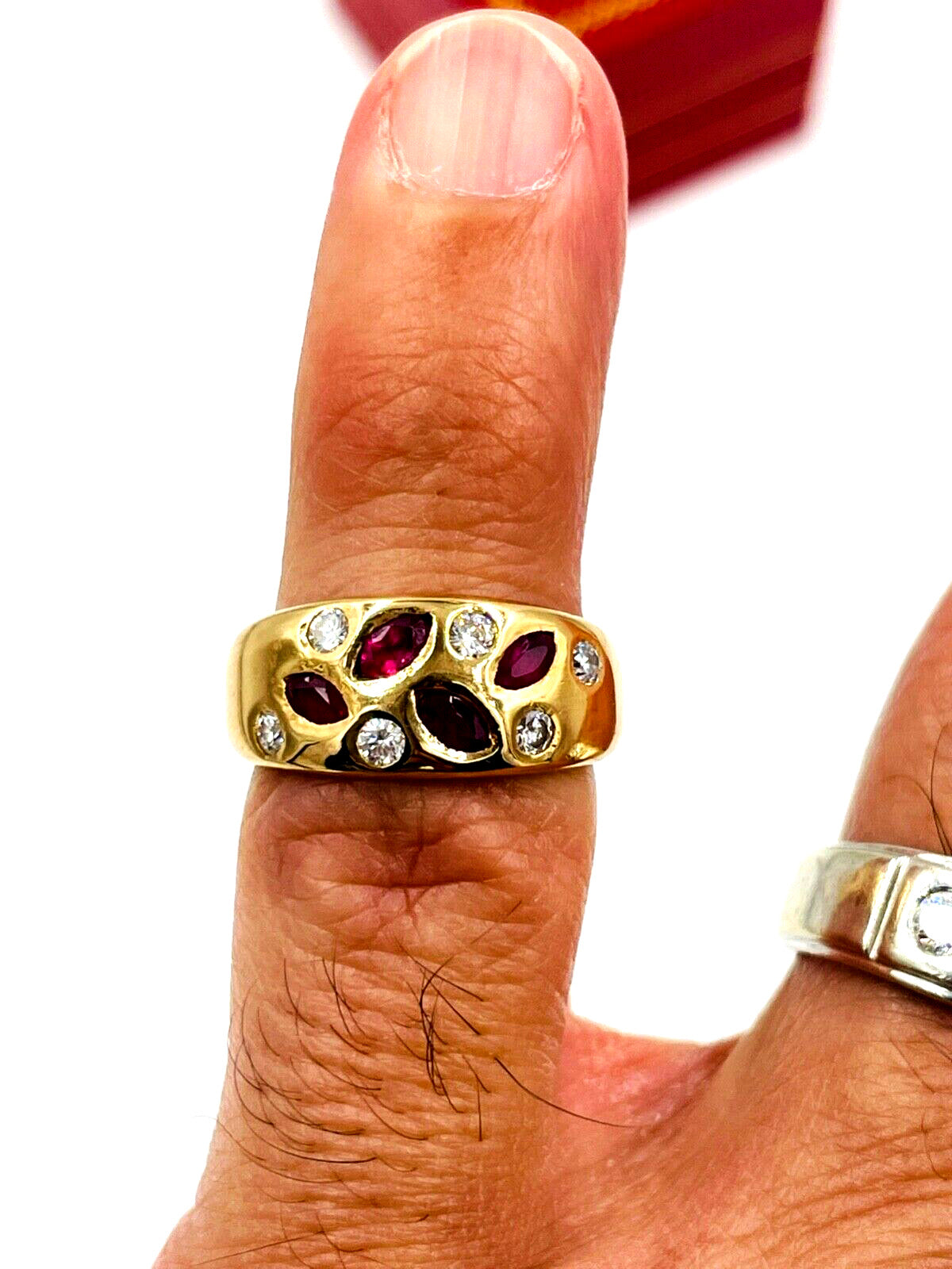 Vintage 18K Rose Gold Diamond Ruby Band Ring VS wide band