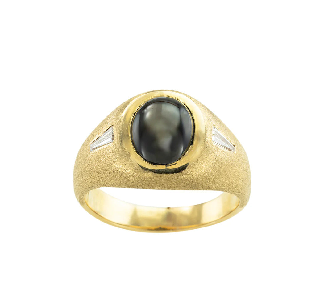 Black Star Sapphire Diamond Yellow Gold Ring Men's