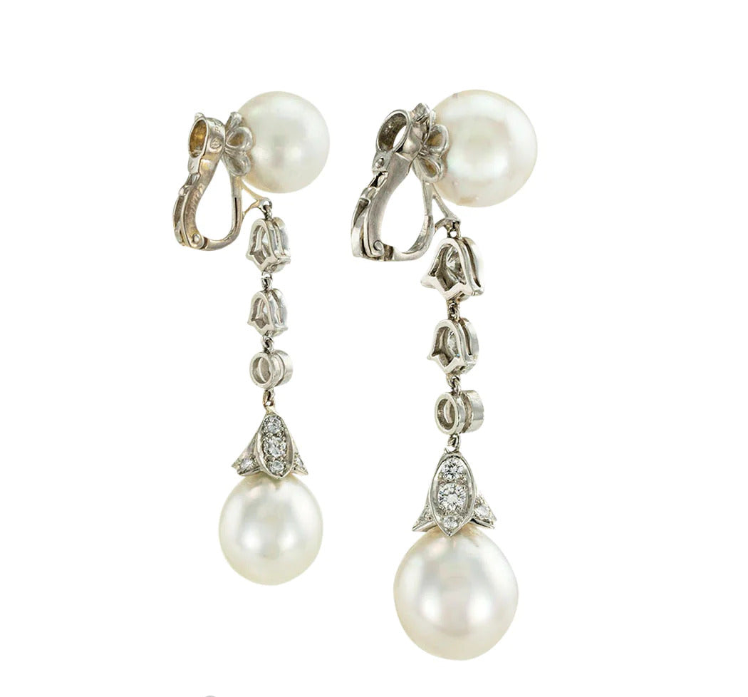 Cartier South Sea Pearl Diamond Platinum Drop Earrings