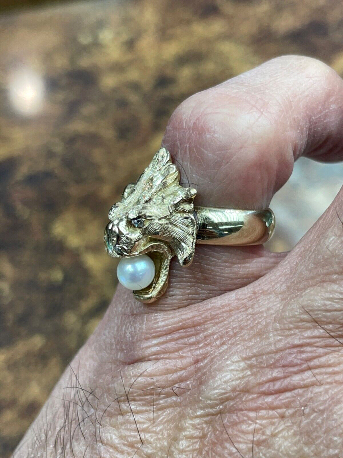 Antique  14k Yellow Gold  Lion Dragon Ring with diamond eyes and Pearl