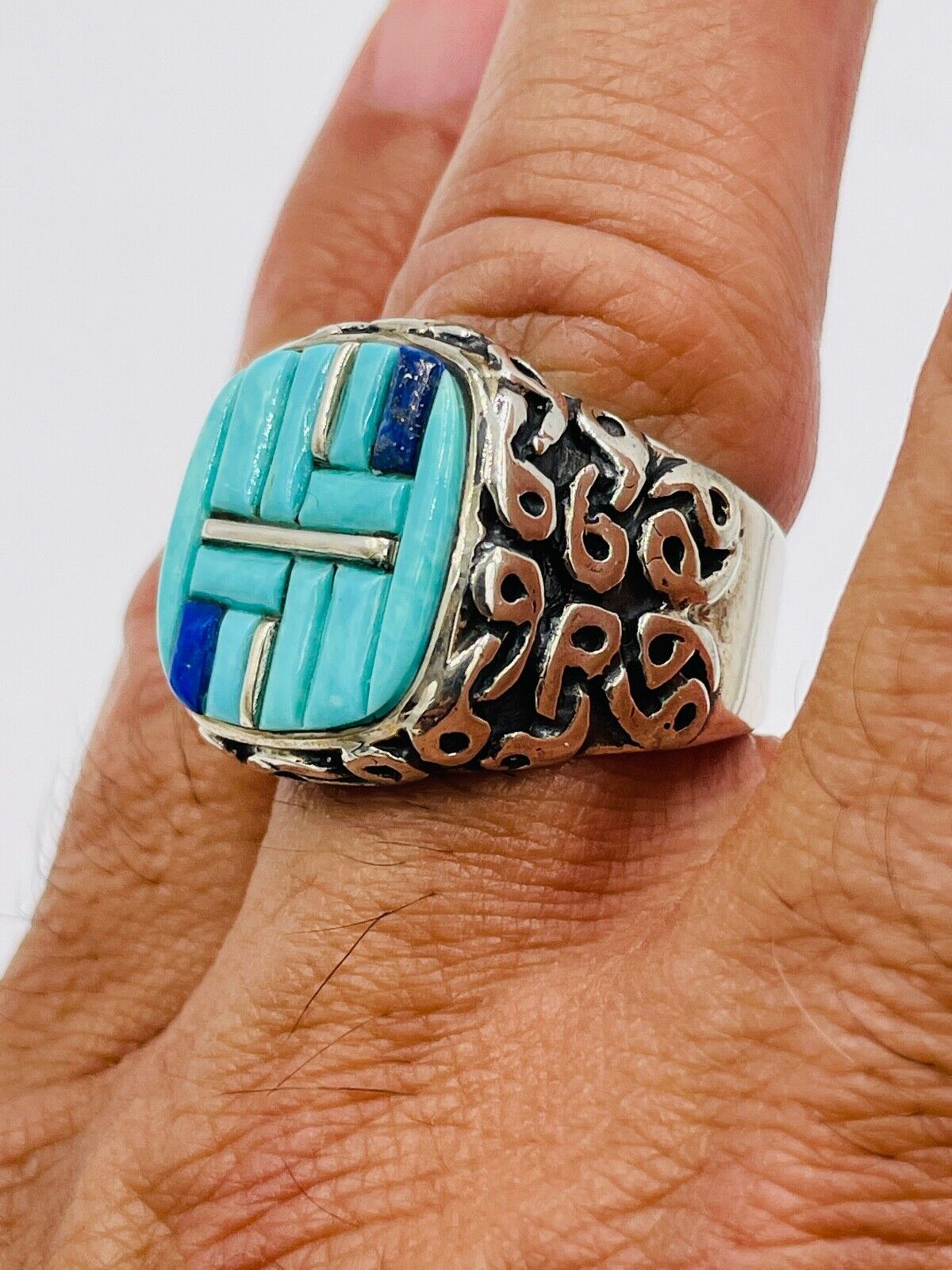 Native American Myra Nastacio Zuni Tribe Sterling Silver Turquois Inlay Ring 69