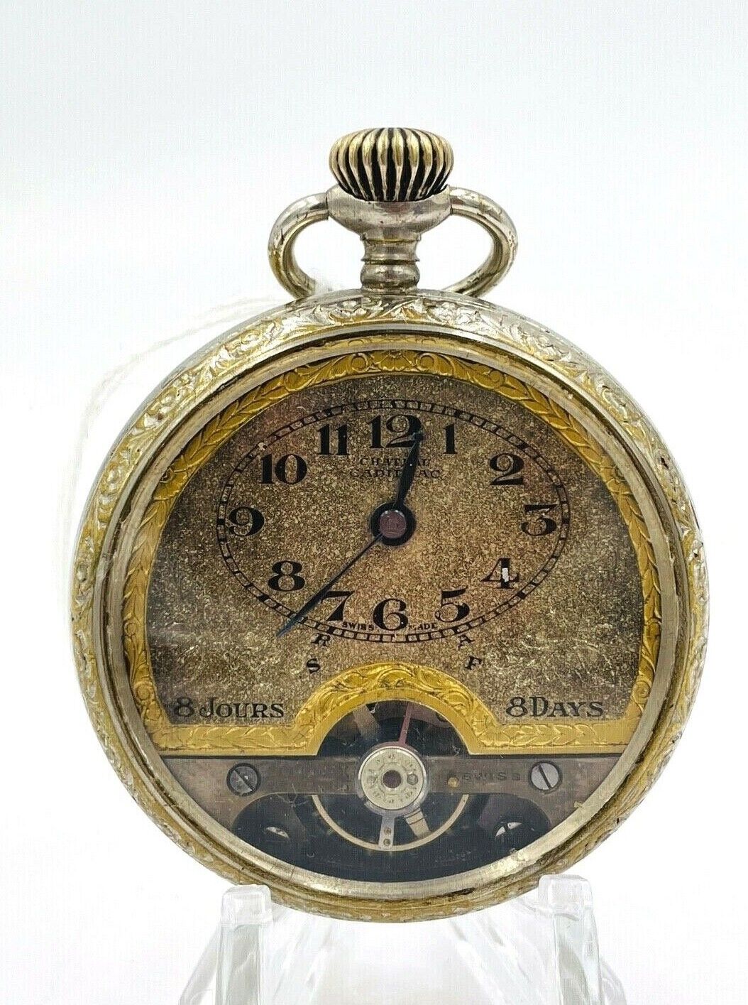 Solomax Chateau Cadillac 8 Day Pocket Watch Openscape Engraved case Rare