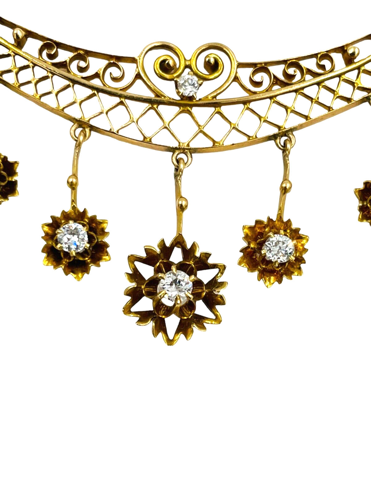 Antique 14k yellow Gold Diamond flower  drop Necklace