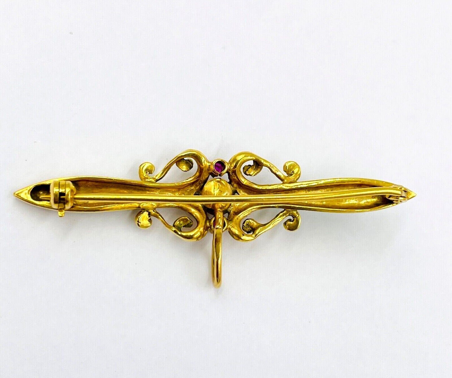 Vintage 18k Gold Enamel Pearl and Ruby Brooch Bar Pin with hook
