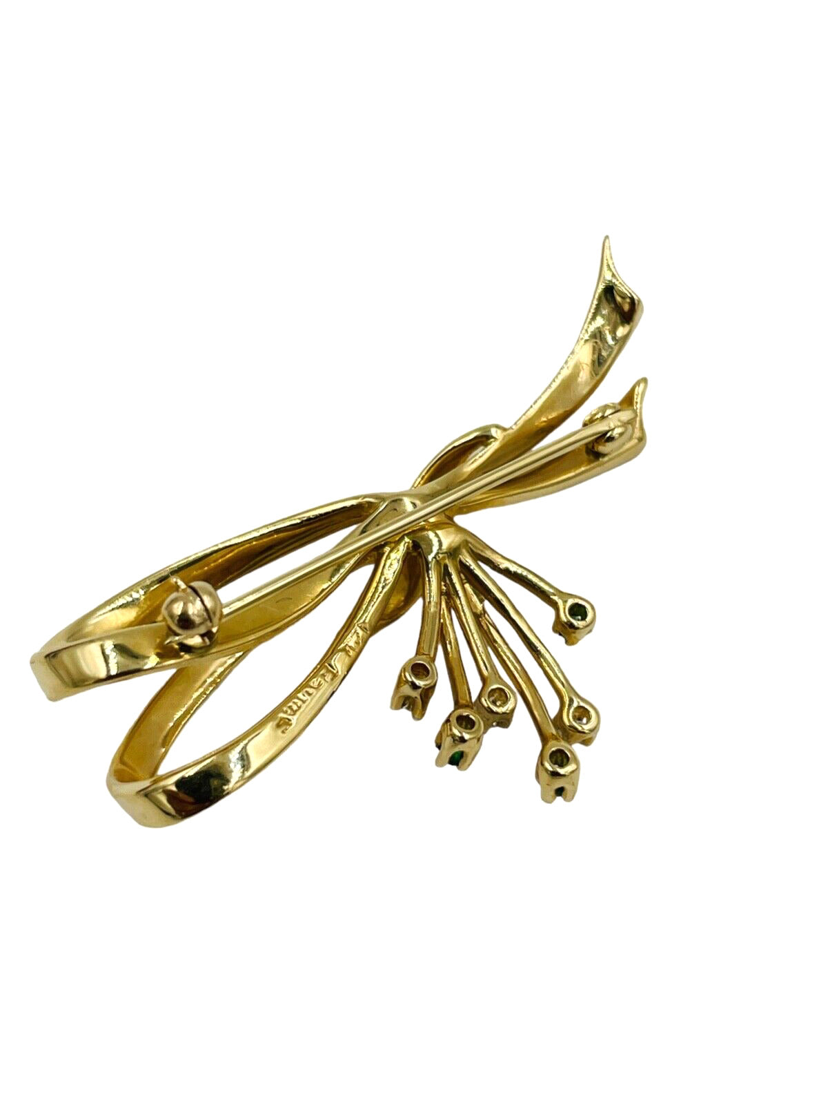 Baumstein Feder  14k yellow Gold Diamond Emerald Bow Pin Brooch